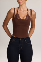 Ponte Peekabo Lace Tank Top in Cocoa Brown