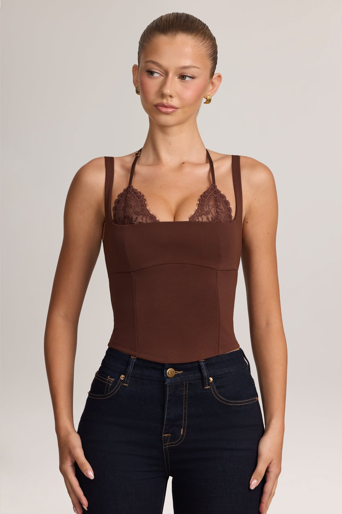 Ponte Peekabo Lace Tank Top in Cocoa Brown