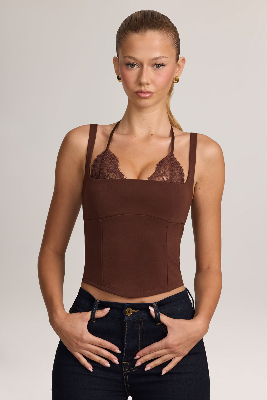Ponte Peekabo Lace Tank Top in Cocoa Brown