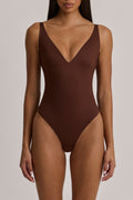 V-Neck Thong Bodysuit in Cocoa Brown