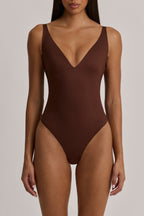 V-Neck Thong Bodysuit in Cocoa Brown