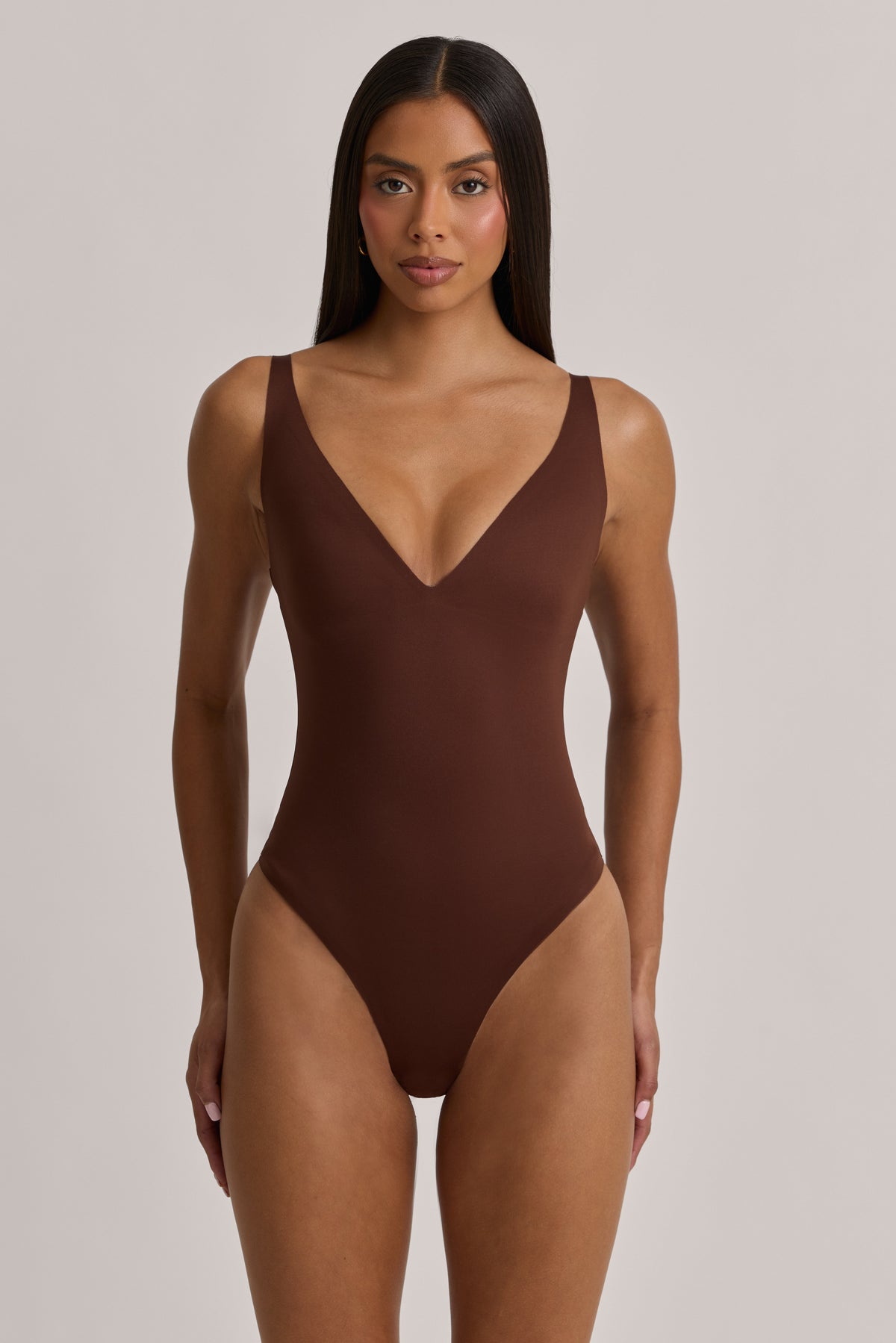 V-Neck Thong Bodysuit in Cocoa Brown