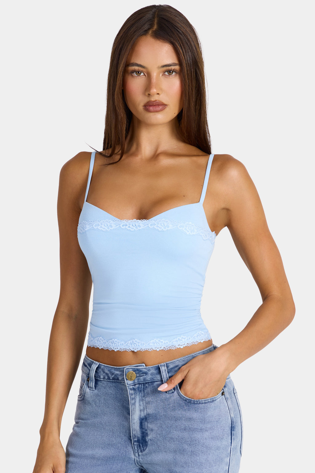 Modal Lace-Trim Peekaboo Tank Top in Arctic Blue