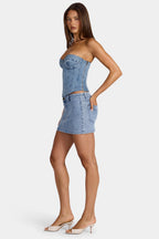 Low-Rise Denim Mini Skirt in Mid-Blue