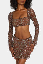 Sheer Embellished Long Sleeve Crop Top in Deep Cocoa