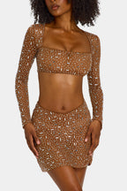 Sheer Embellished Long Sleeve Crop Top in Mocha