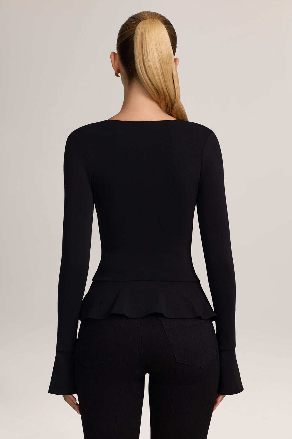 Ponte Peplum Long-Sleeve Cardigan in Black