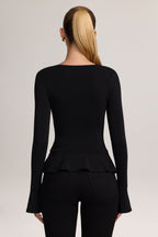 Ponte Peplum Long-Sleeve Cardigan in Black