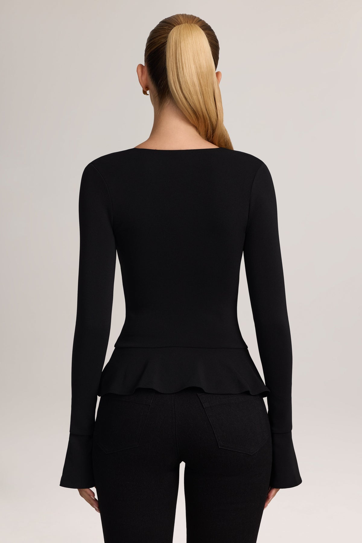 Ponte Peplum Long-Sleeve Cardigan in Black