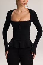 Ponte Peplum Long-Sleeve Cardigan in Black