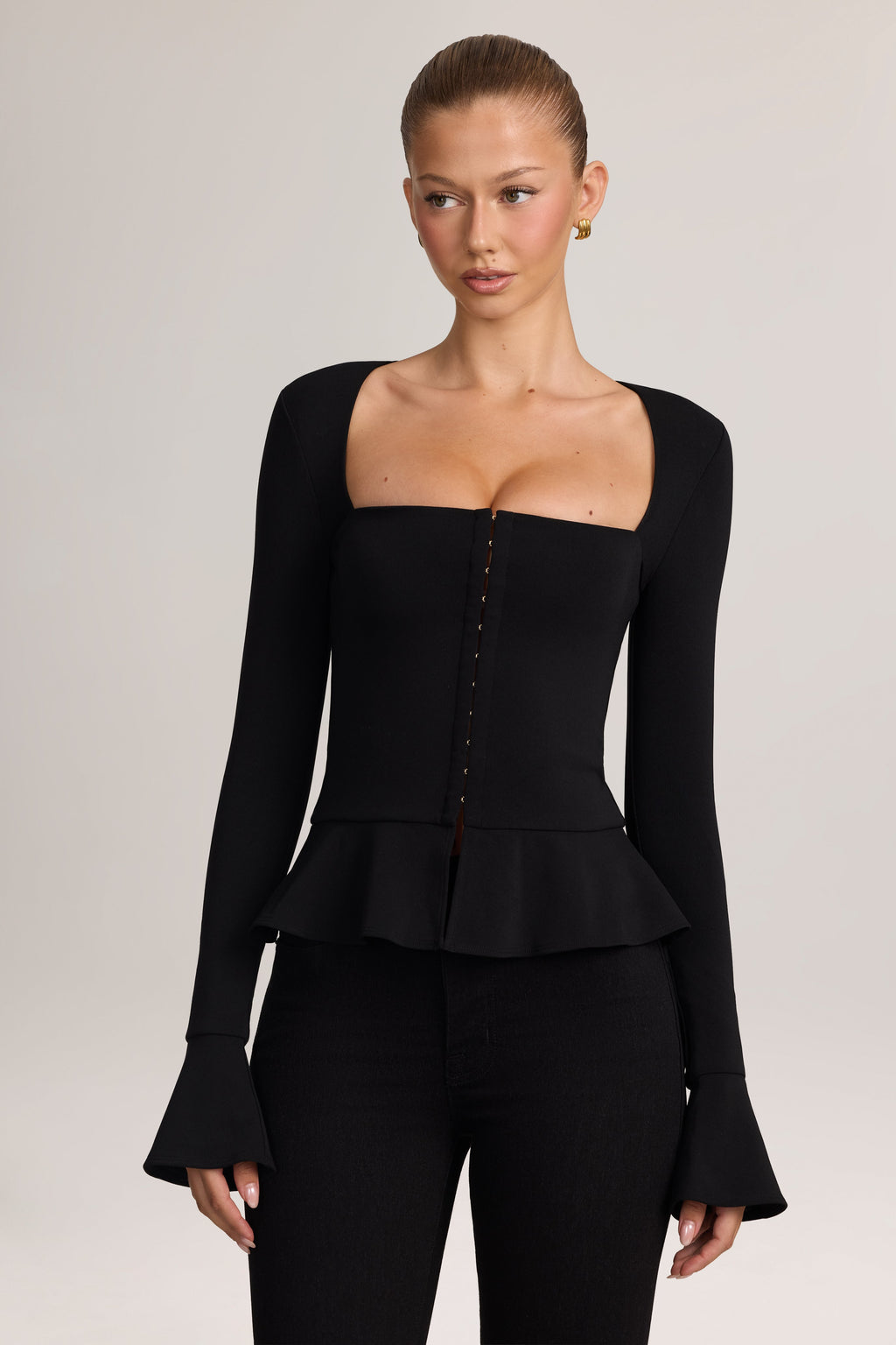 Ponte Peplum Long-Sleeve Cardigan in Black