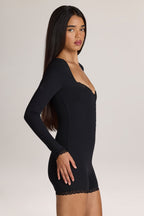 Ribbed Modal Lace-Trim Romper in Black