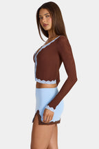 Lace-Trim Cropped Cardigan  in Cocoa Brown