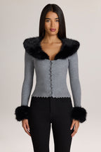Knit Faux-Fur-Trim Cardigan in Charcoal Grey