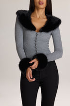 Knit Faux-Fur-Trim Cardigan in Charcoal Grey