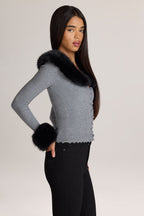 Knit Faux-Fur-Trim Cardigan in Charcoal Grey