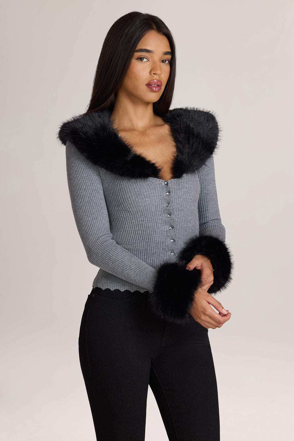 Knit Faux-Fur-Trim Cardigan in Charcoal Grey