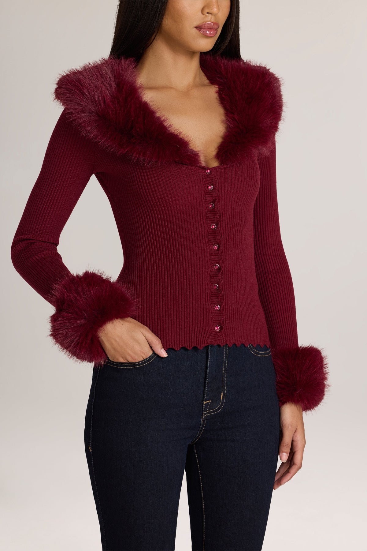 Knit Faux-Fur-Trim Cardigan in Wine