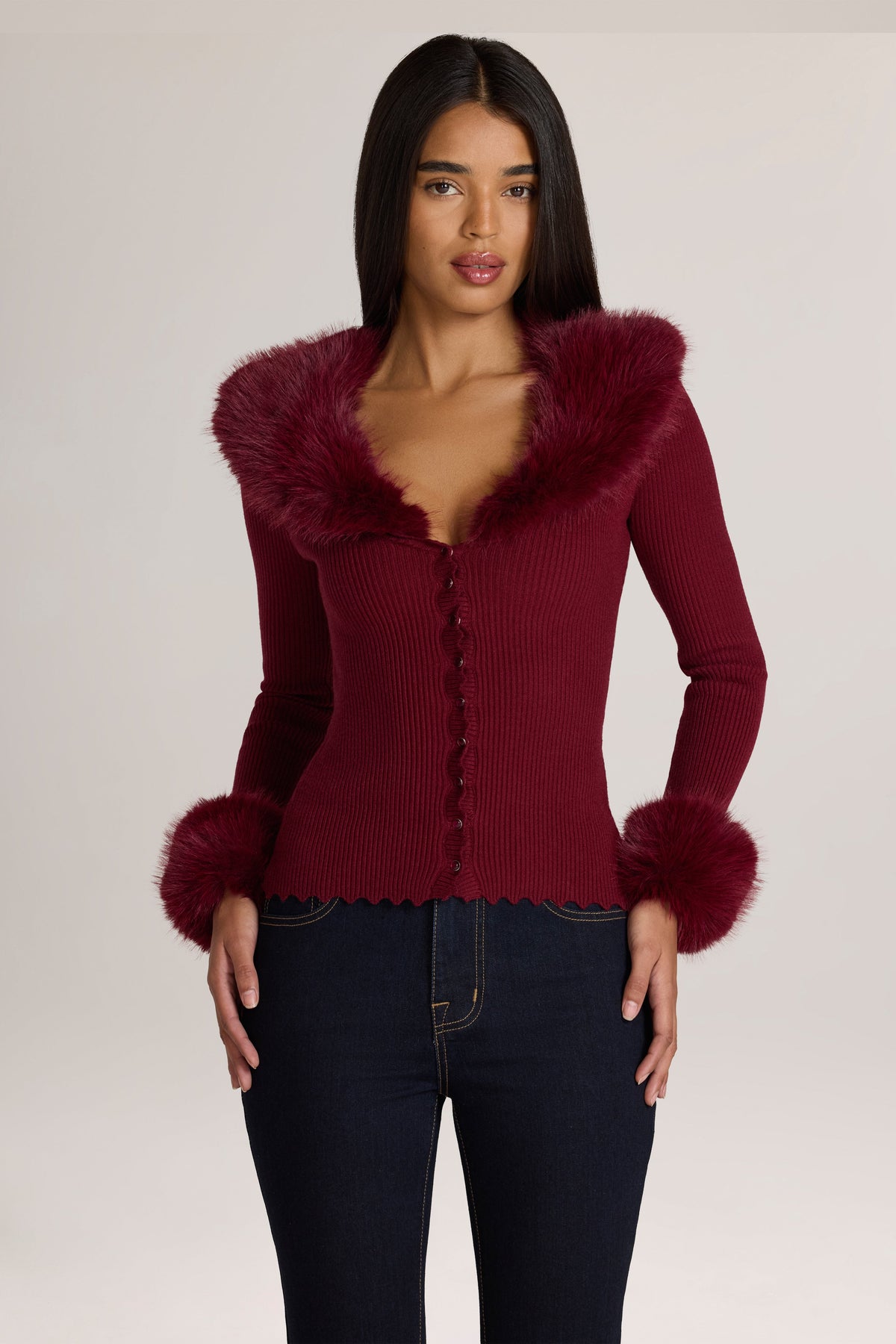 Knit Faux-Fur-Trim Cardigan in Wine