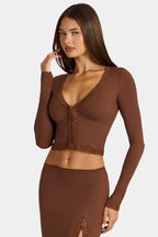 Modal Lace-Trim Cropped Cardigan  in Cocoa Brown