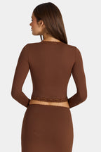 Modal Lace-Trim Cropped Cardigan  in Cocoa Brown
