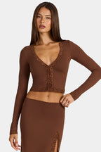 Modal Lace-Trim Cropped Cardigan  in Cocoa Brown