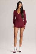 Knit Long-Sleeve Romper in Wine