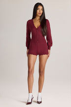 Knit Long-Sleeve Romper in Wine