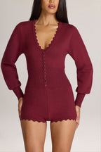 Knit Long-Sleeve Romper in Wine