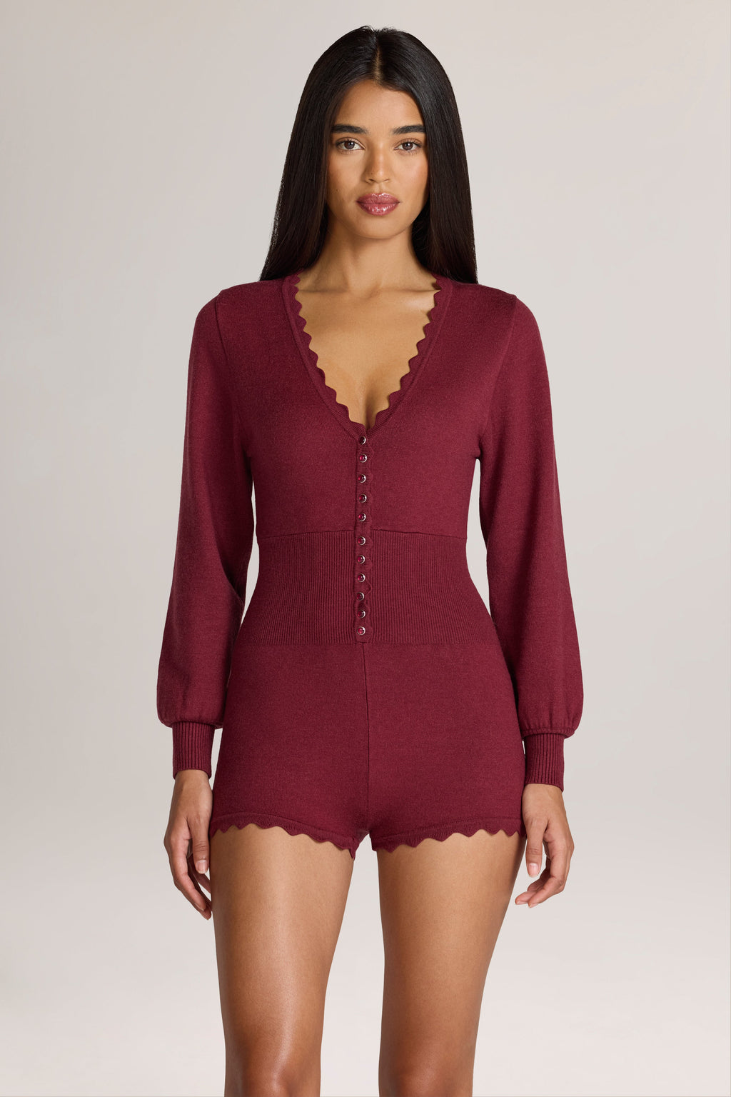 Knit Long-Sleeve Romper in Wine