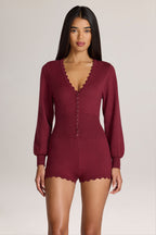 Knit Long-Sleeve Romper in Wine