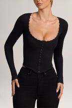 Ribbed Modal Lace-Trim Cardigan in Black