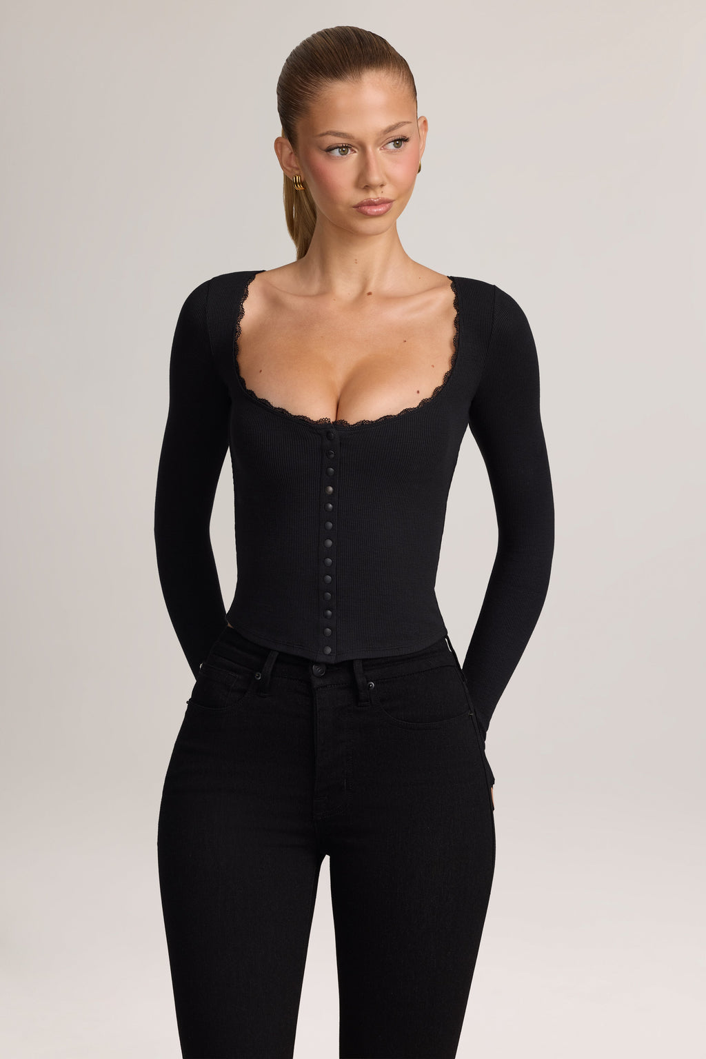Ribbed Modal Lace-Trim Cardigan in Black
