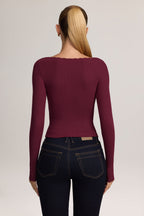 Ribbed Modal Lace-Trim Cardigan in Maroon Red