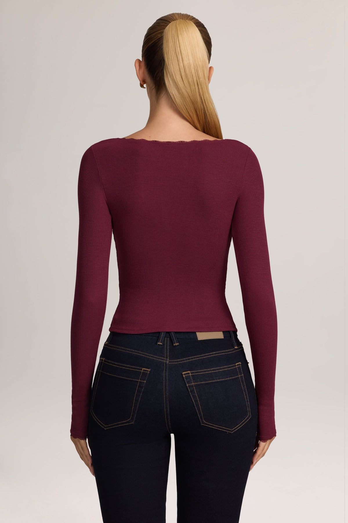 Ribbed Modal Lace-Trim Cardigan in Maroon Red