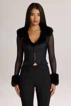 Long-Sleeve Faux-Fur-Trim Jacket in Black