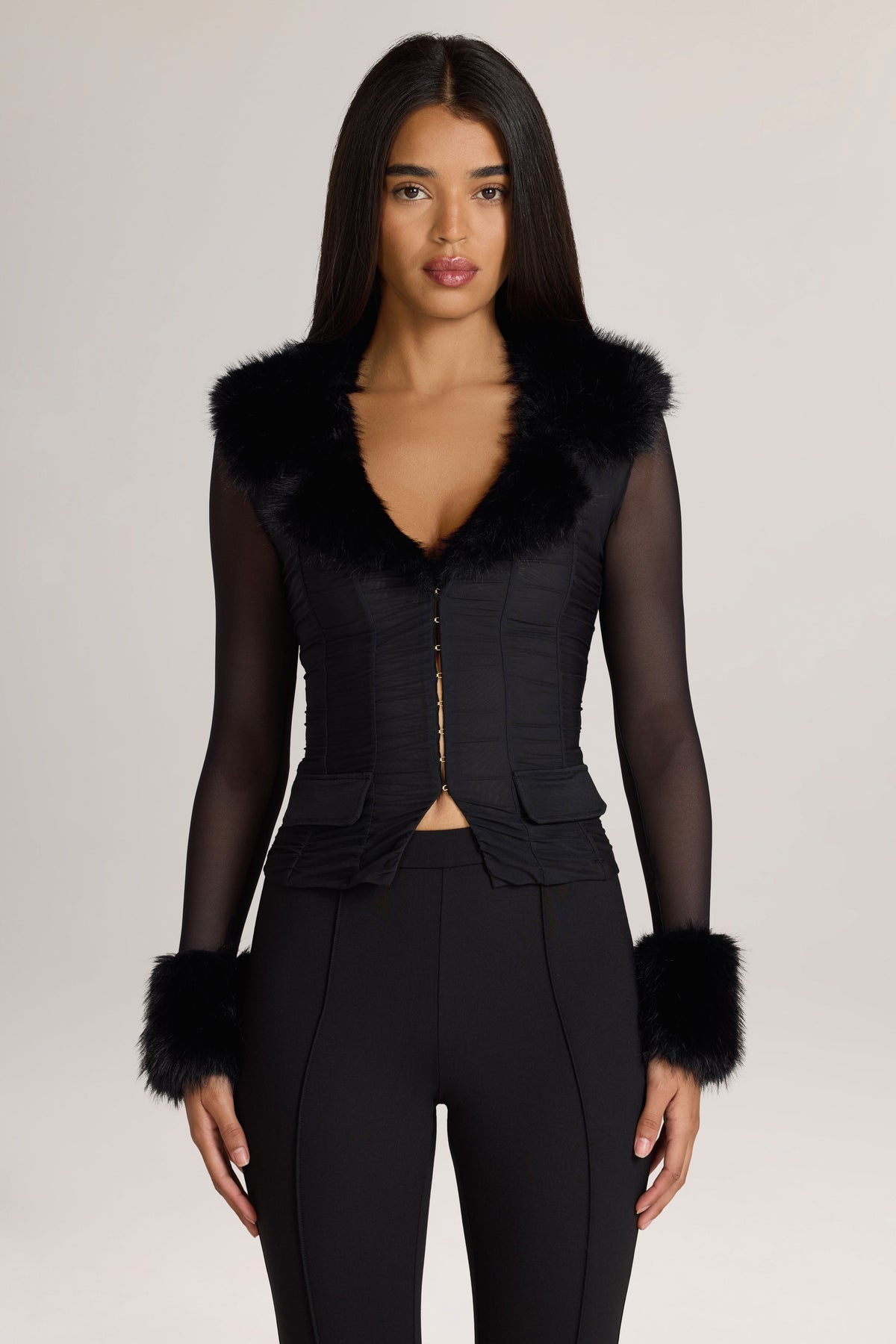 Long-Sleeve Faux-Fur-Trim Jacket in Black
