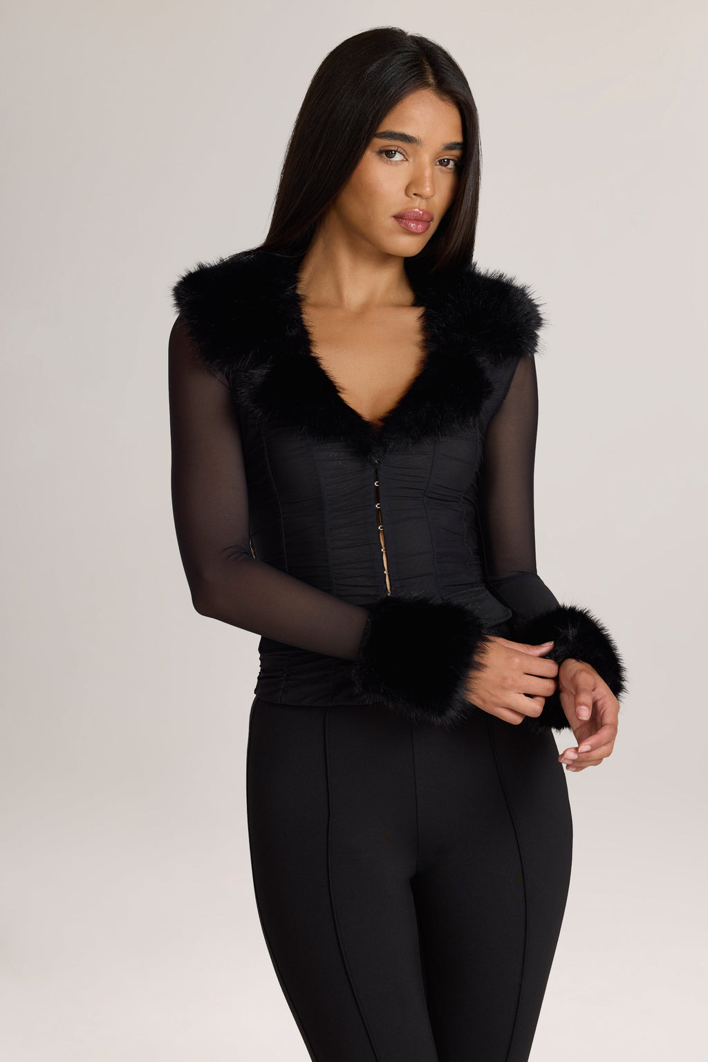 Long-Sleeve Faux-Fur-Trim Jacket in Black