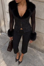 Long-Sleeve Faux-Fur-Trim Jacket in Black