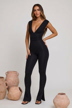 Plunge Neck Ruched Waist Jumpsuit in Black