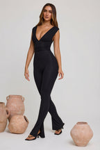 Plunge Neck Ruched Waist Jumpsuit in Black