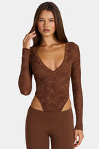 Lace Long-Sleeve Bodysuit in Cocoa Brown