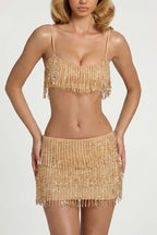 Fringed Low-Rise Mini Skirt in Gold