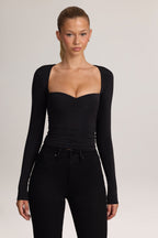 Soft Jersey Sweetheart Ruched Long-Sleeve Top in Black