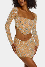 Embellished Asymmetric Mid-Rise Mini Skirt in Honey