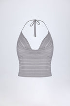 Plunge Halterneck Crop Top in Silver